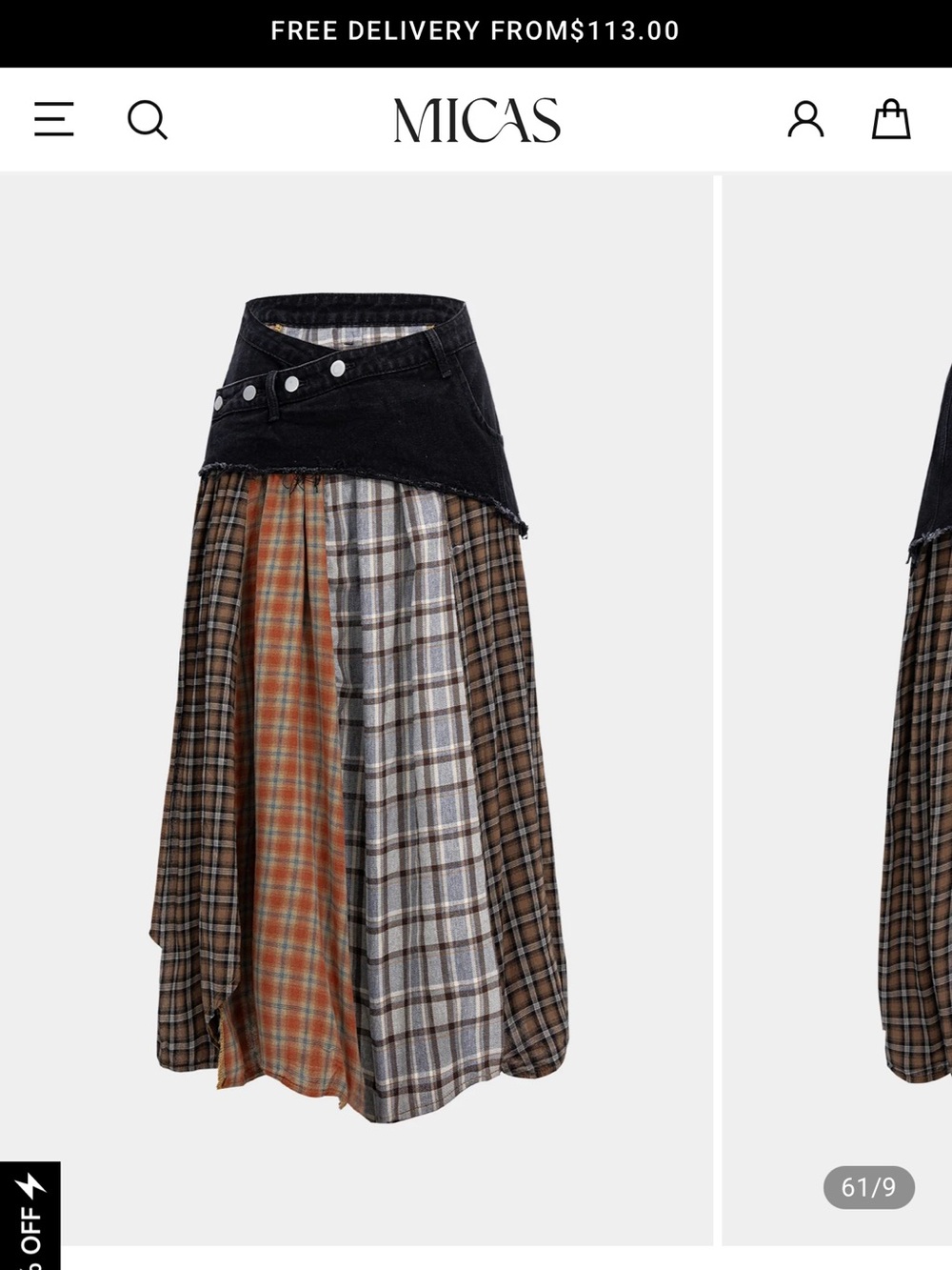 Patchwork Plaid Maxi Skirt with Black Denim Wrap Waist